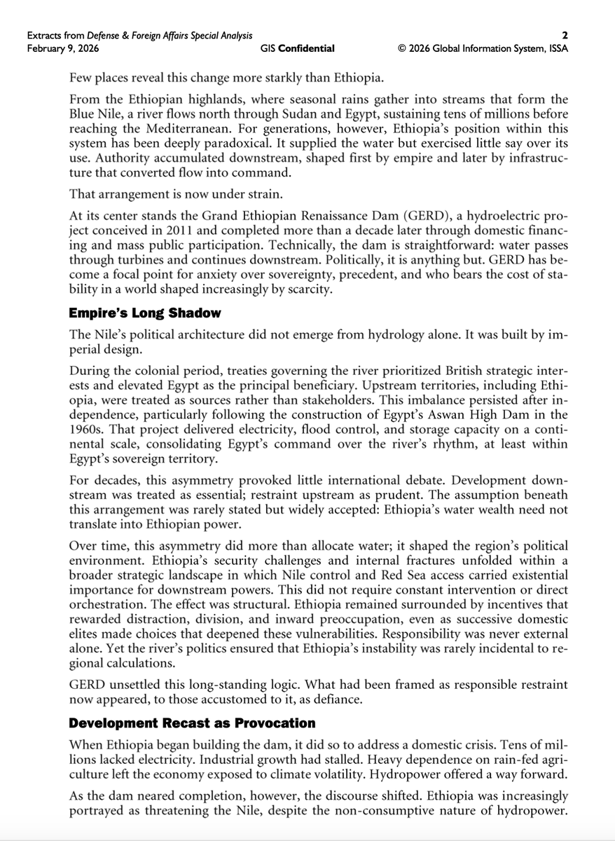 ewondimu's tweet photo. I’m pleased to share that my article, “Ethiopia and the Nile: Water, Power, and a Changing World Order,” was published yesterday in Extracts from Defense &amp; Foreign Affairs Special Analysis (GIS Confidential, Vol. LIV, No. 4) by the International Strategic Studies Association. https://t.co/dotNEvKgDA
