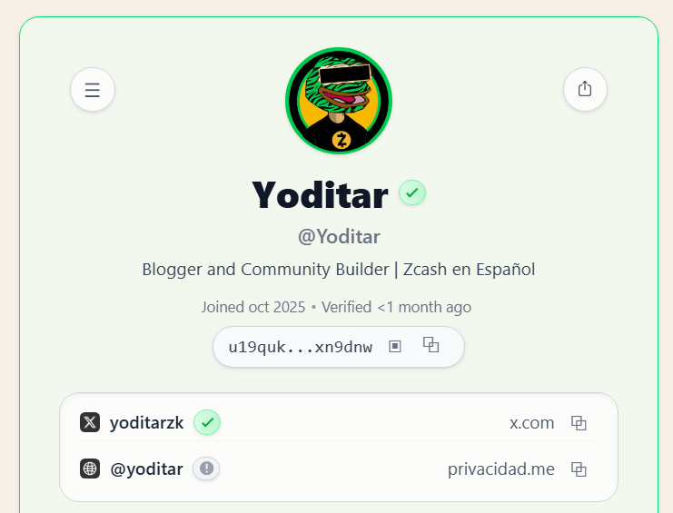 Si quieres registrarte y verificar tu cuenta en <a href="/zcashme/">Zcash.me 🚧</a> como yo lo hice, te invito a leer la guía de <a href="/zcashesp/">Zcash en Español 🛡️ᙇ</a>.

💡 Beneficios:

✅ Darte a conocer a la comunidad global de #Zcash 
✅ Conectar con otros Zcashers para participar en proyectos cripto y monetizar tu talento
✅