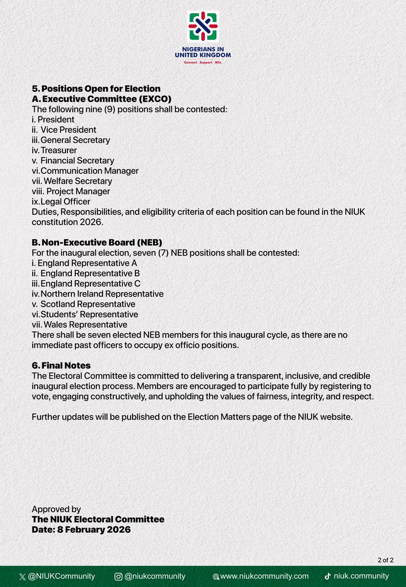 NIUK INAUGURAL ELECTION GUIDELINES
Issued by the NIUK Electoral Committee 

Dear Community Members,

Following the ratification of the NIUK constitution, it becomes imperative for the community to conduct elections to elect the Non-Executive Board members and Executive members in