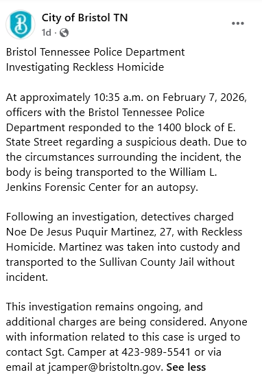🚨 Sullivan County, TN: On Saturday, Noe De Jesus Puquir Martinez was charged with Reckless Homicide in the shooting death of a woman.

He has an immigration detainer hold.

Puquir Martinez's police statement says that he showed the woman the gun, she took the end of the gun and