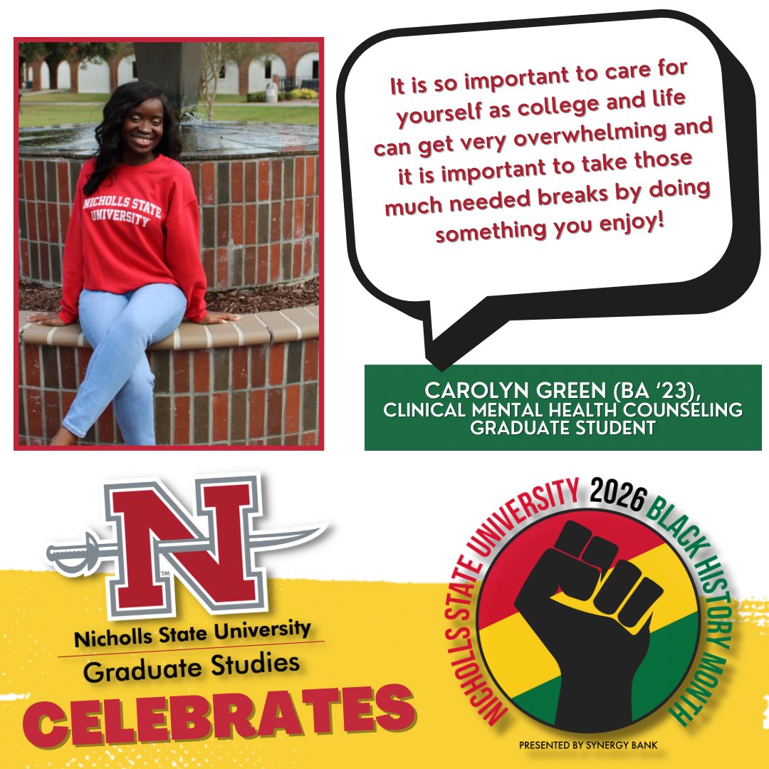 Celebrating #BlackHistoryMonth:

Carolyn Green (BA ‘23) is a grad student pursuing her Master of Arts degree in Clinical Mental Health Counseling and is from Harvey, Louisiana.

For a full list of 2026 Black History Month events at <a href="/NichollsState/">Nicholls State University</a>, visit nicholls.edu/black-history-…!