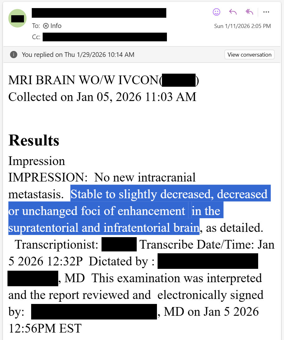 NEW ARTICLE: IVERMECTIN and MEBENDAZOLE Testimonial - 69 year old OHIO woman with Stage 4 Lung cancer and brain metastases reports after 6 months: brain tumors shrinking!

🚨 Trigger Warning - no mainstream Oncology treatment was involved here. No chemo. No rad.

STORY:
69 year