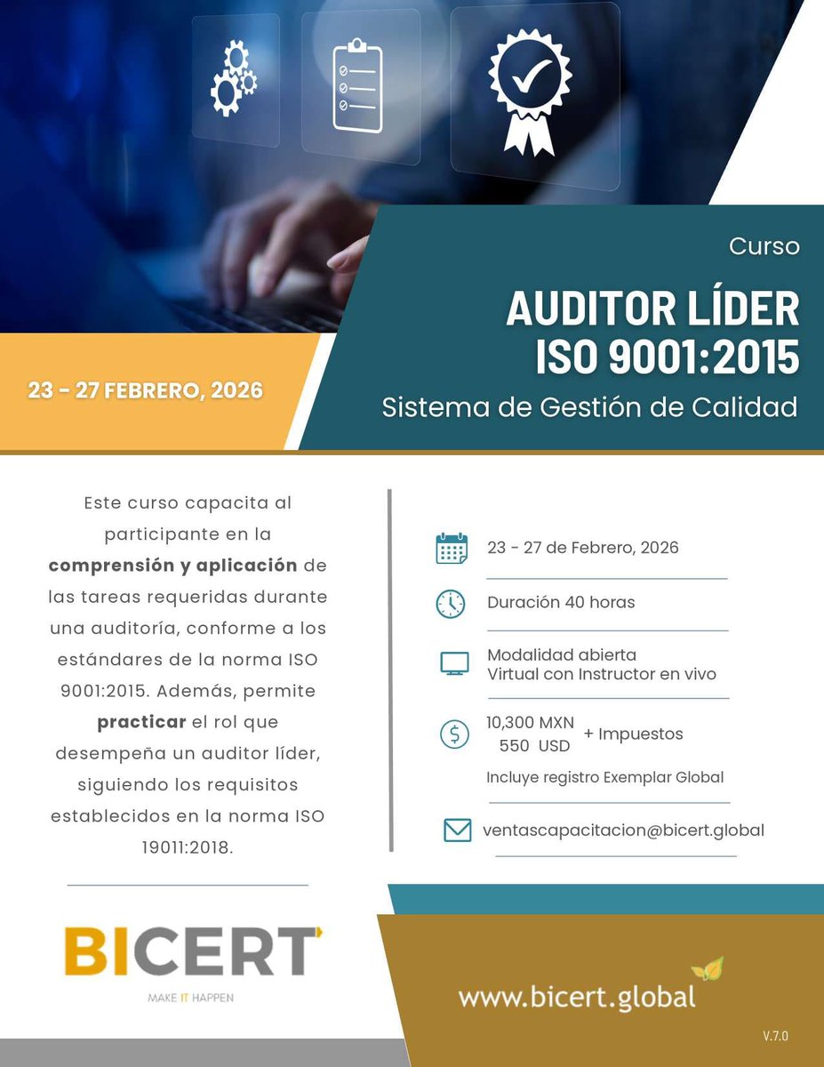 BICERT_MX's tweet photo. Auditar no es sólo cumplir, es comprender el sistema.
Formarte como Auditor Líder #ISO9001 fortalece el criterio, el enfoque a riesgos y la toma de decisiones en auditoría.

💻 Curso LAC ISO9001: https://t.co/wS2Ofm1Hqh
📅 23-27 feb 2026

#SistemasDeGestión #AuditorLíder #Calidad https://t.co/rLB3wkBtDQ