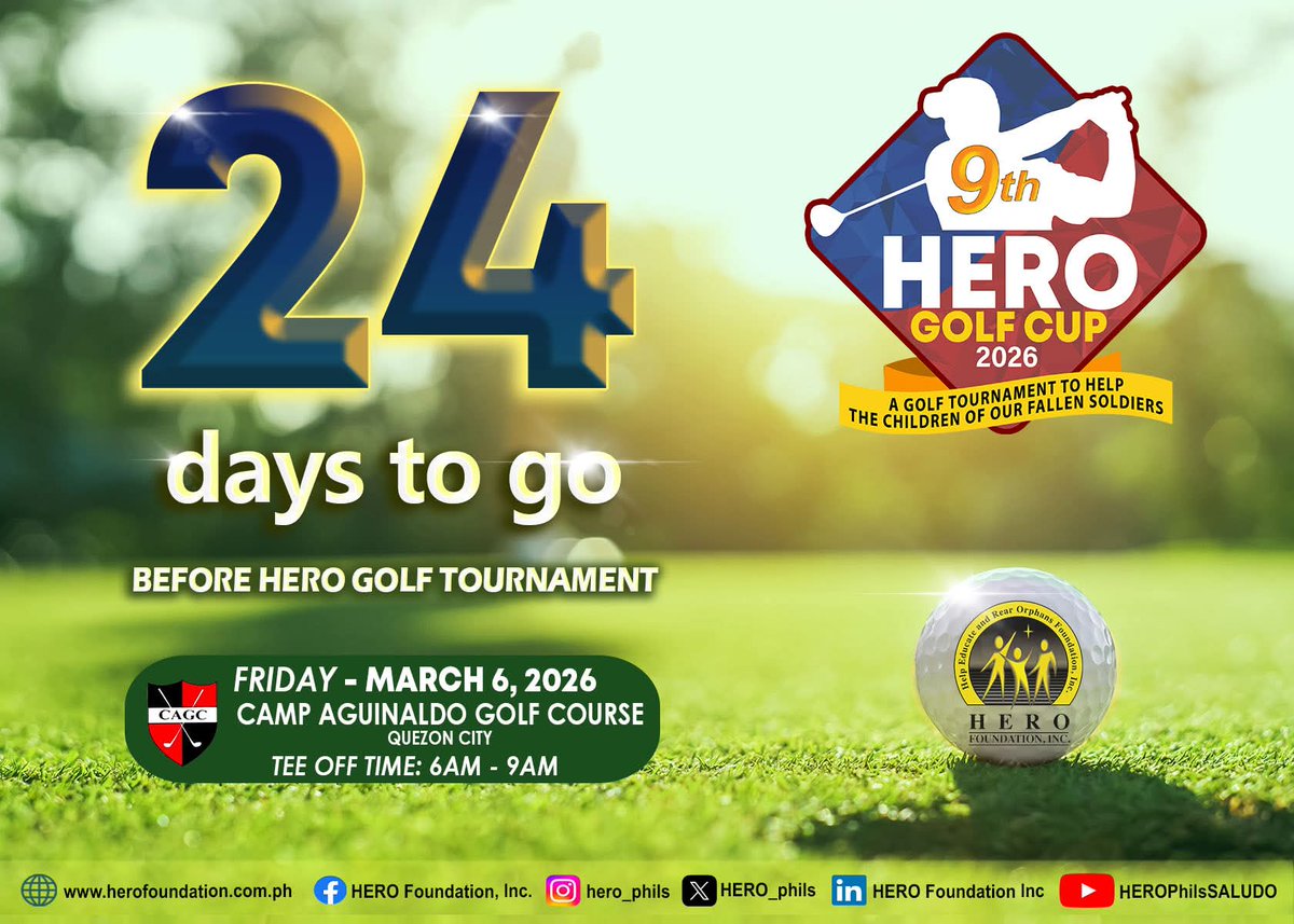 9th Hero Golf Cup 2026
March 6, 2026 - Friday

Ticket are now available!
Price: P3,500 (Inclusive of Green Fee + Registration Fee, Caddy, Lunch and Raffle)
Contact: Ms. Camille Cataluña at
(02) 8912 0361 / 0915 6270780 
or email info@herofoundation.com.ph 
#HeroGolfCup2026 #golf