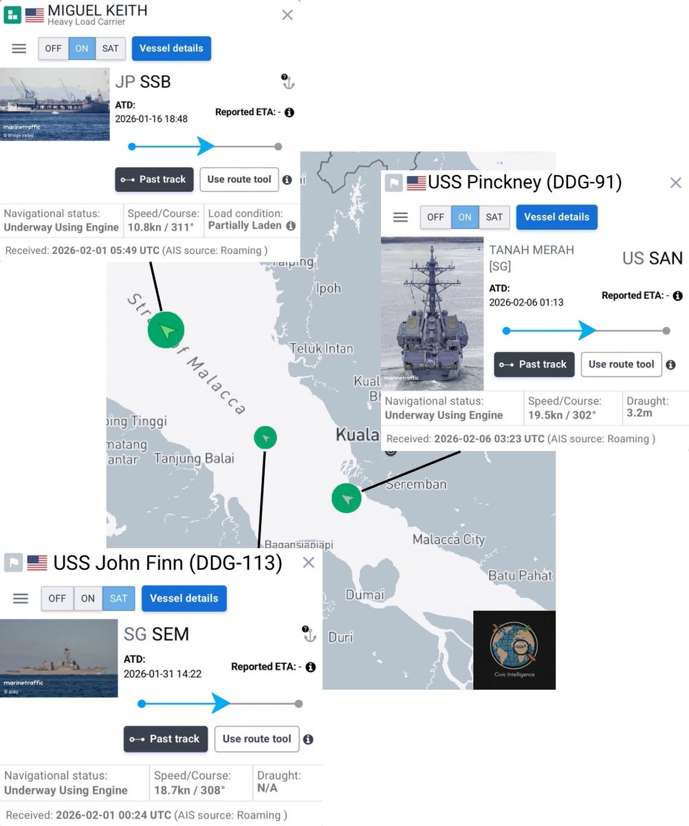 USN Ships transiting the Straight of Malacca

2nd February 
- USS Miguel Keith (ESB 5)
- USS John Finn (DDG-113)

6th February 
- USS Pickney (DDG-91)

With the seizure of the Aquila II today in the Indian Ocean it’s possible the ESB used was Miguel Keith and potentially John