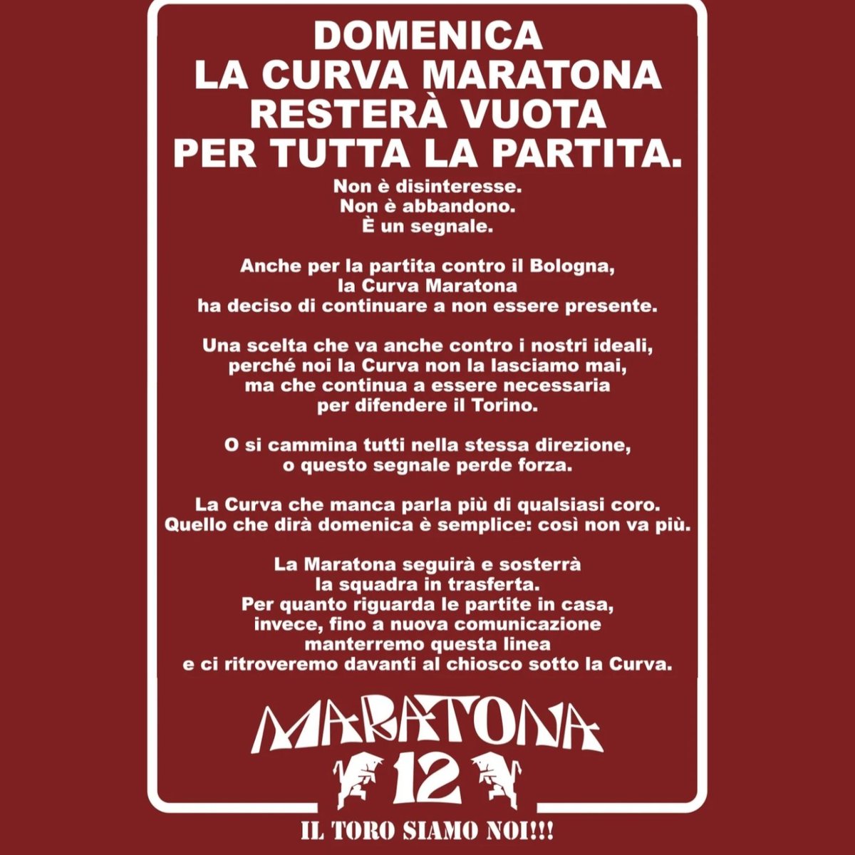 ‼️Comunicato della Curva Maratona in vista di Torino-Bologna.
La protesta continua ad oltranza.
#Torino #bologna