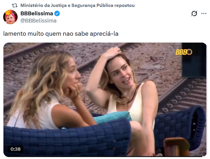Lalinhafofoca's tweet photo. O RT do Ministério da Justiça e Segurança Pública. 

O social media esqueceu de trocar a conta. 
Que situação, hein! https://t.co/q5oIQleMal
