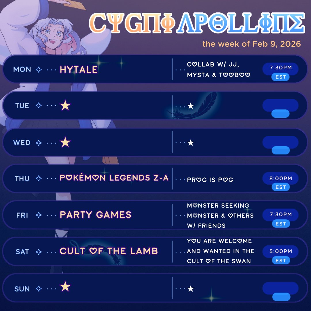 Hytale collab tonight with <a href="/BerryGodJJ/">JJ | Berry God Vtuber 📌V-EPIC THE MUSICAL!</a> <a href="/MystaCinaVT/">Mysta 🦇🌹</a> &amp; <a href="/tooboovt/">ToobooVT</a>, building a shrine to our local dog spirit 🐕 ❤️ 
&amp; Friday we're doing some pre-valentines 'Monster Seeking Monster' with JJ, <a href="/SinjinO_/">SinjinO</a>, <a href="/Dalaste3/">Dalaste</a>, <a href="/Melanoe_/">Melanoe 🪫ᶻ 𝗓 𐰁</a> and others! 

#CygniSchedule