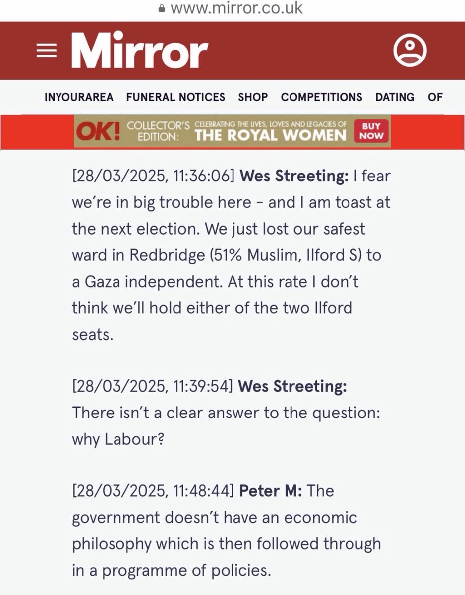 In private conversations with the now disgraced Mandelson, Streeting not only admits that Israel is committing war crimes, but also reveals Labour will struggle to hold both Ilford parliamentary seats at the next general election ⬇️ 

We agree with him on both fronts, especially