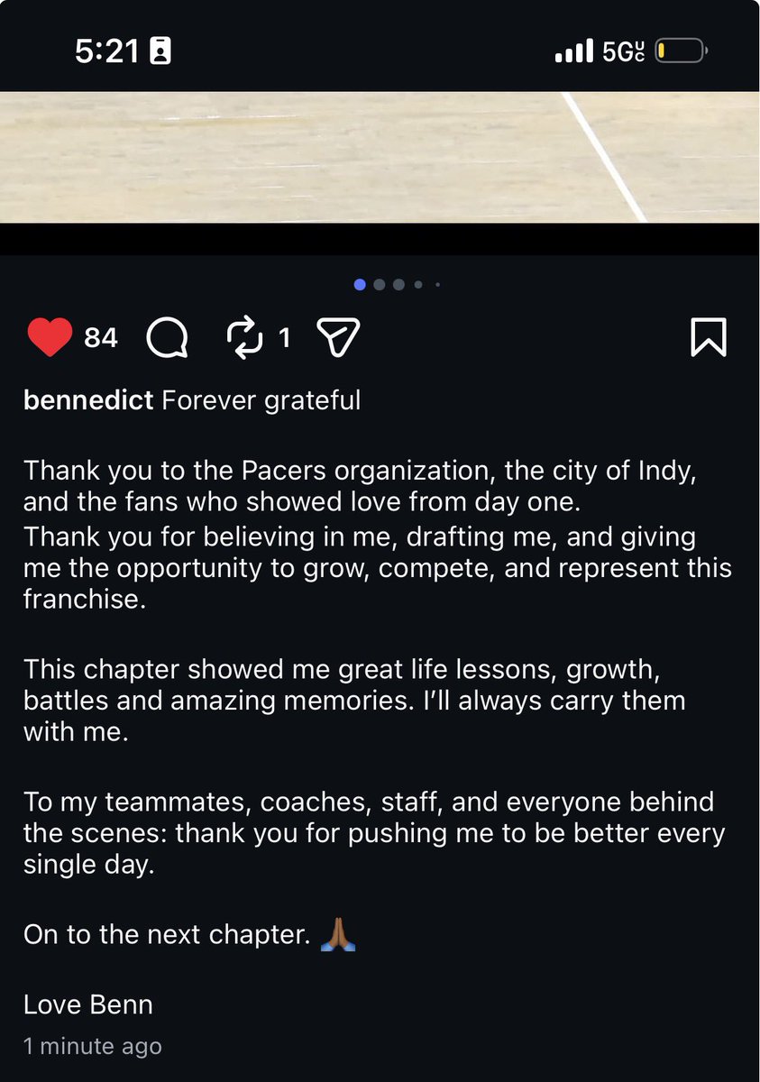 Bennedict Mathurin says goodbye to the Pacers via IG