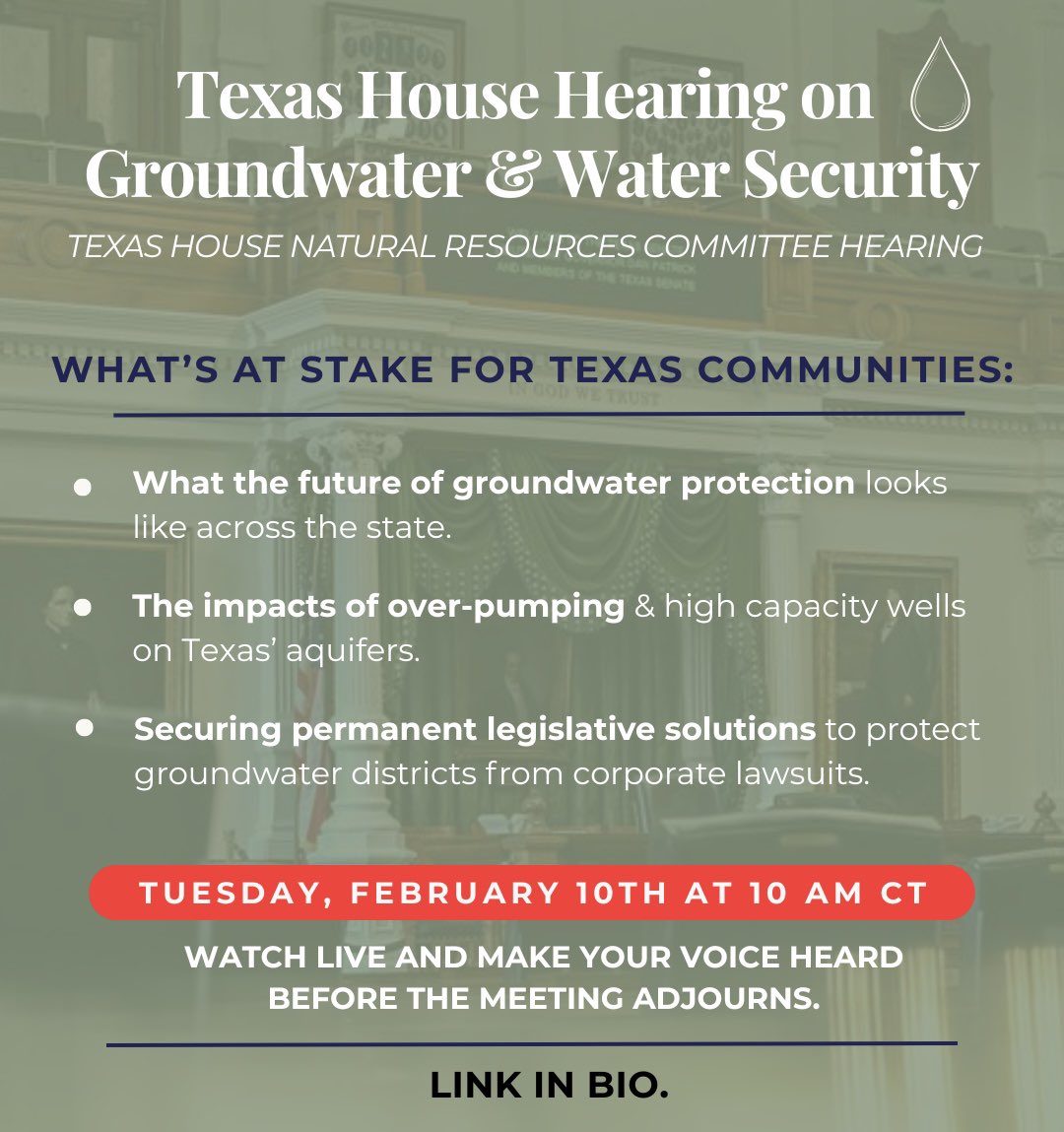 Tomorrow, February 10th at 10 AM the Texas House for Natural Resources will have a hearing to discuss critical groundwater issues that impact the entire state of Texas. 

Visit the link in our bio to watch the live stream and submit your comments!