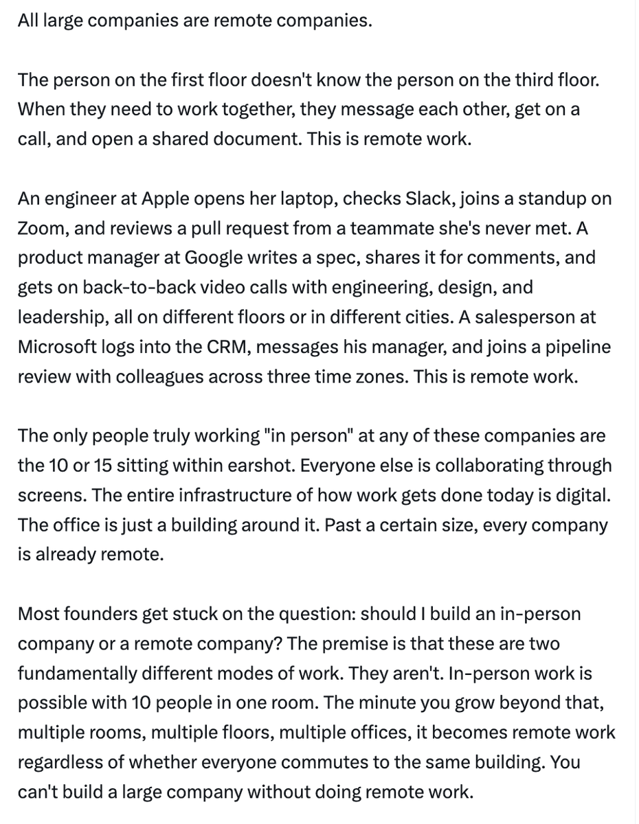 sarthakgh's tweet photo. "The only people truly working "in person" at any of these companies are the 10 or 15 sitting within earshot. 

Past a certain size, every company is already remote." https://t.co/hVOPHMkAwL
