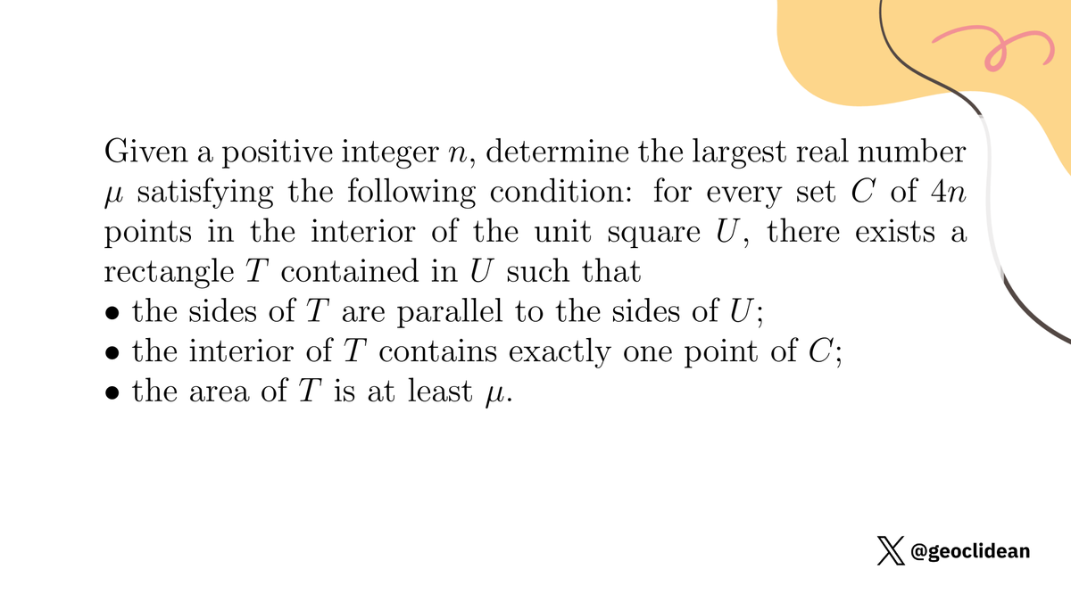 geoclidean's tweet photo. Rectangle containing exactly one point
#RMM #Rectangle #CombinatorialGeometry #Combinatorics #RMM2015 https://t.co/4Oe6bP5XrL