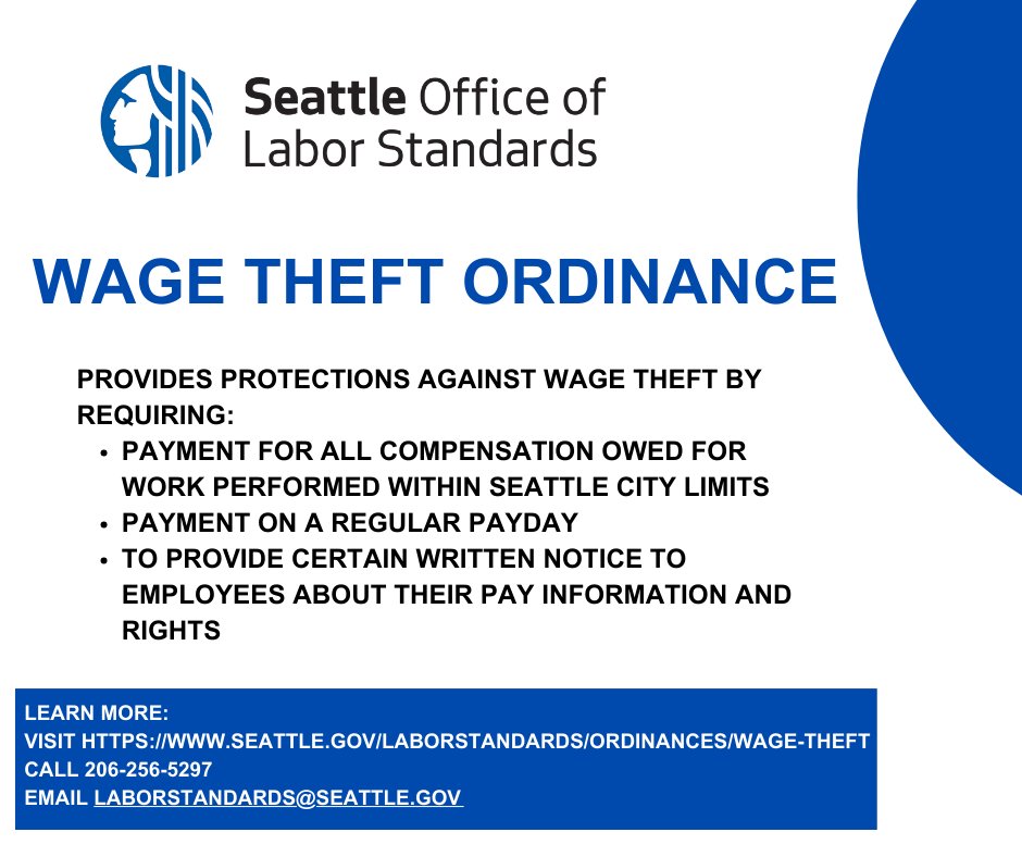#knowyourrightsmonday
Did you know Seattle's Wage Theft Ordinance remains one of the most violated labor standards? 
Learn your rights and responsibilities. Visit seattle.gov/laborstandards…