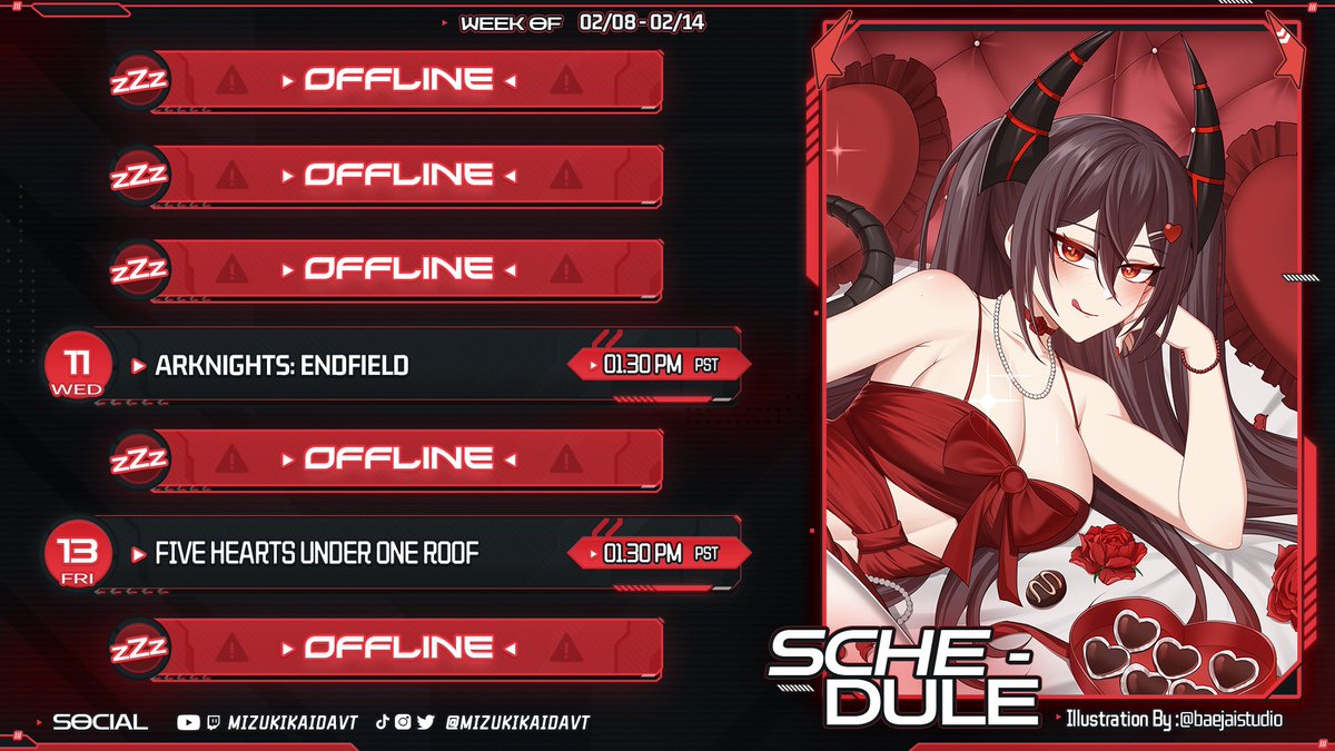 ⋆˚࿔ 02/08 - 02/14 SCHEDULE ⋆˚࿔

It’s the week of lovveeeee ♥️
I’m unfortunately busy majority of this week but let’s hang out on stream together!!

#vtuber