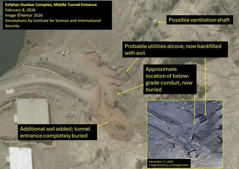 🚨 New satellite images: All entrances to the buried tunnel complex at the Isfahan (Iran) site are now completely sealed. High-resolution satellite images taken yesterday show the extent of the coverage Iran has used to obscure the tunnel entrances at the nuclear complex in