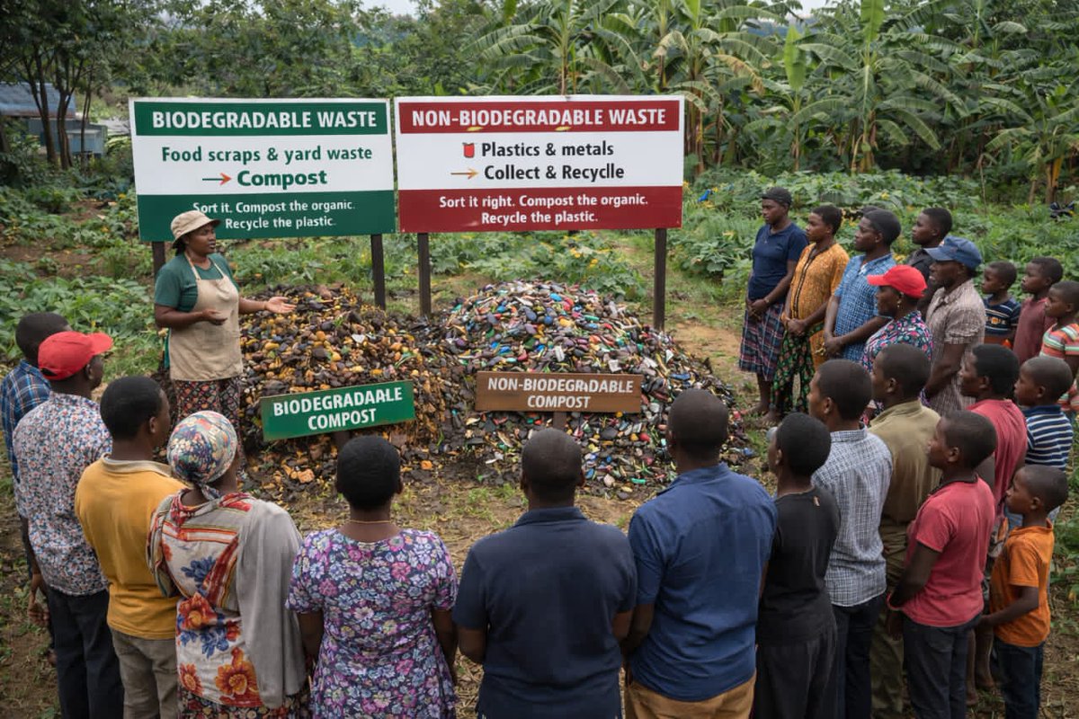 Training our community on biodegradable vs non-biodegradable waste—turning food scraps into compost and keeping plastics out of nature. 🌱♻️
#Rwanda #WasteManagement #Composting #ClimateAction