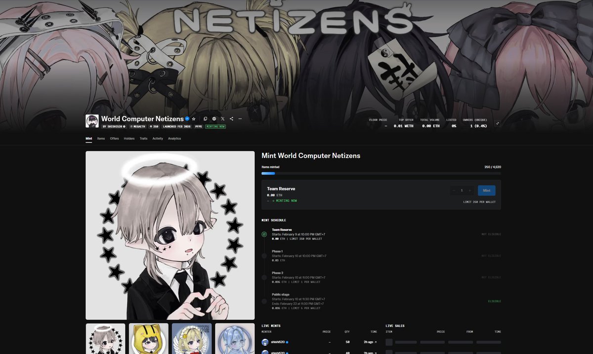 Netizens mint page is already live on <a href="/opensea/">OpenSea</a> 
The official link for the collection is:
opensea.io/collection/wor…

You can also find us in the featured section on the Opensea frontpage < 3

The treasury has already been minted, you can have a glimpse of the final traits (๑>◡<๑)