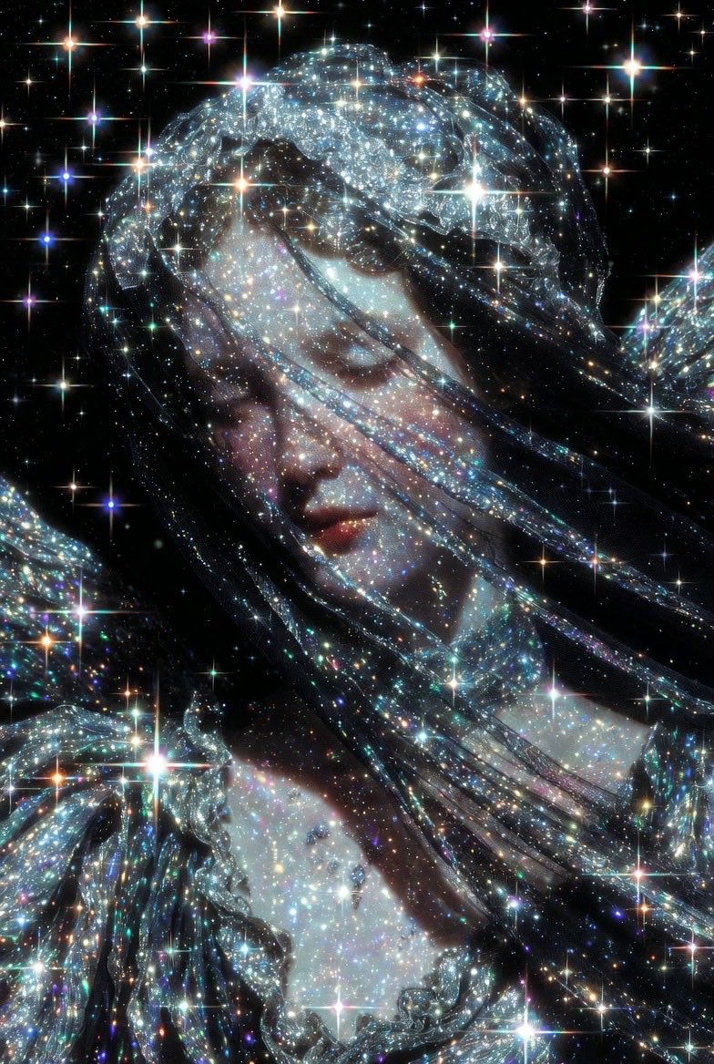 art_muse's tweet image. Prompt Share: Close up portrait of a serene woman with eyes gently closed, pale skin, soft blush on cheeks, full red lips, head and shoulders framed, wearing an elaborate translucent black veil that flows and drapes across her face and chest, the veil made of shimmering stardust