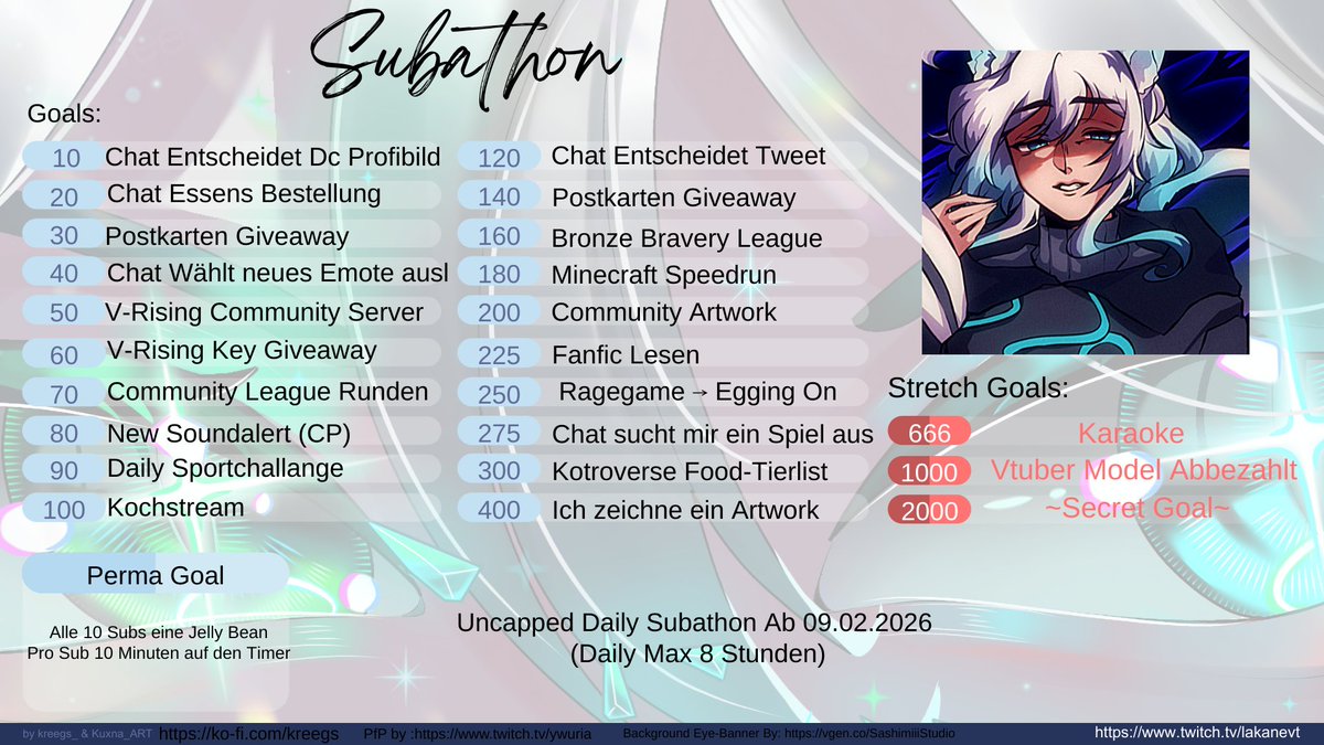 Eh Ich werde 26 und hab gleichzeitig habe mein Einjähriges Twitch-Jubiläum also feiern wir rein und starten seine Subbathon  OwO kommt gerni vorbei, ich würde mich freuen!! twitch.tv/lakanevt
Startzeit 19:30 Uhr,  09.02.2026 BIS GLEICH