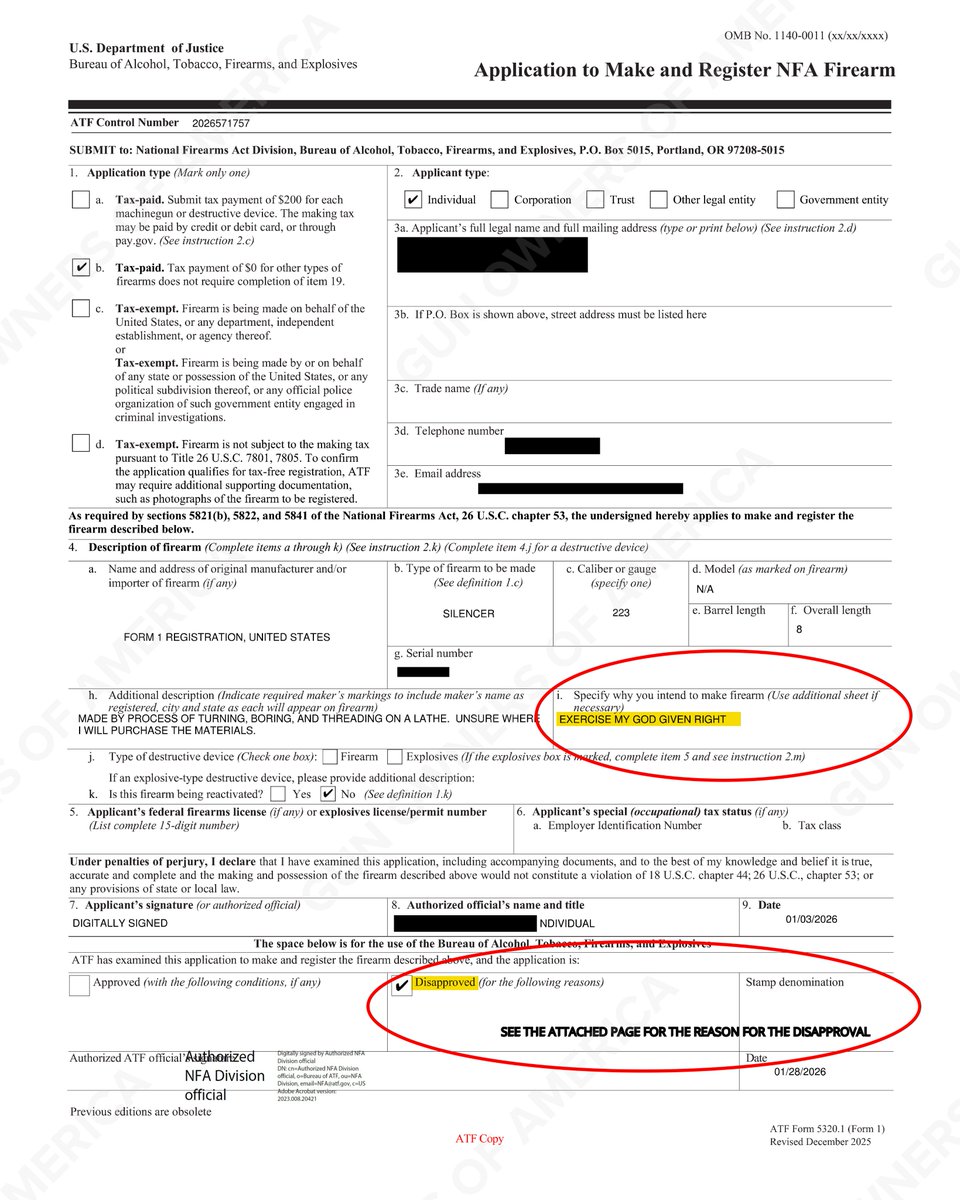 GunOwners's tweet photo. 🚨$0 NFA UPDATE🚨

ATF just DENIED a GOA member's Form 1 because he wanted a suppressor to "exercise my God-given right." @ATFHQ said this was an "insufficient answer."

In other words, ATF  openly, brazenly, arbitrarily, &amp; tyrannically denied the exercise of a God-given right. https://t.co/5KGa6Kye3x