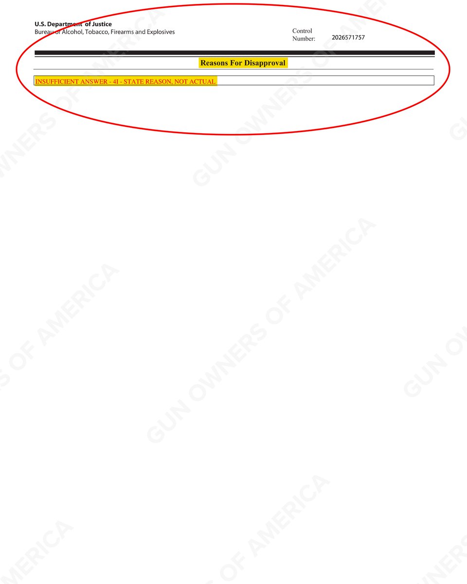 🚨$0 NFA UPDATE🚨

ATF just DENIED a GOA member's Form 1 because he wanted a suppressor to "exercise my God-given right." <a href="/ATFHQ/">ATF HQ</a> said this was an "insufficient answer."

In other words, ATF  openly, brazenly, arbitrarily, &amp; tyrannically denied the exercise of a God-given right.