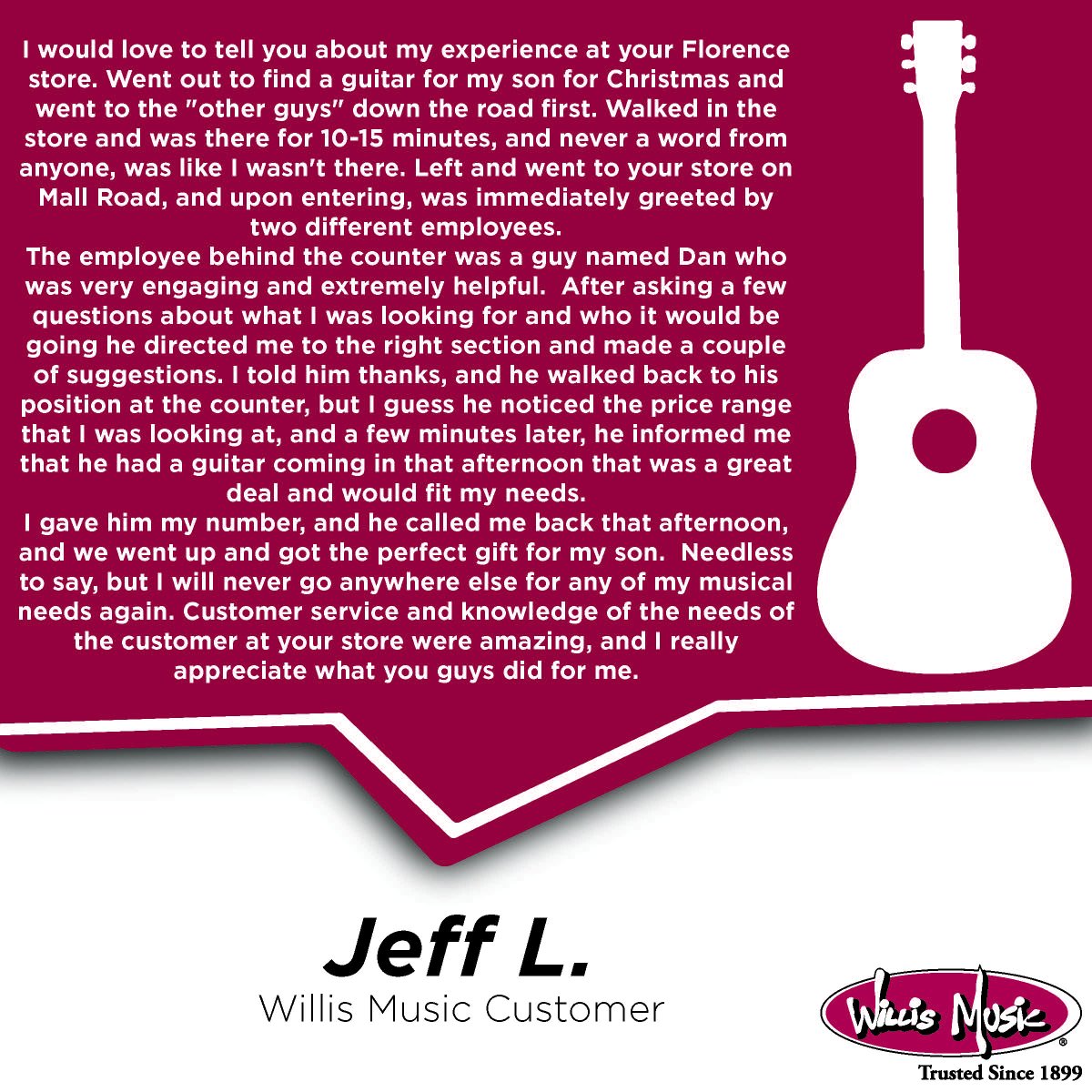 This is why we do what we do ❤️ Jeff’s experience at our Florence store says it all. Huge thanks for trusting Willis Music!