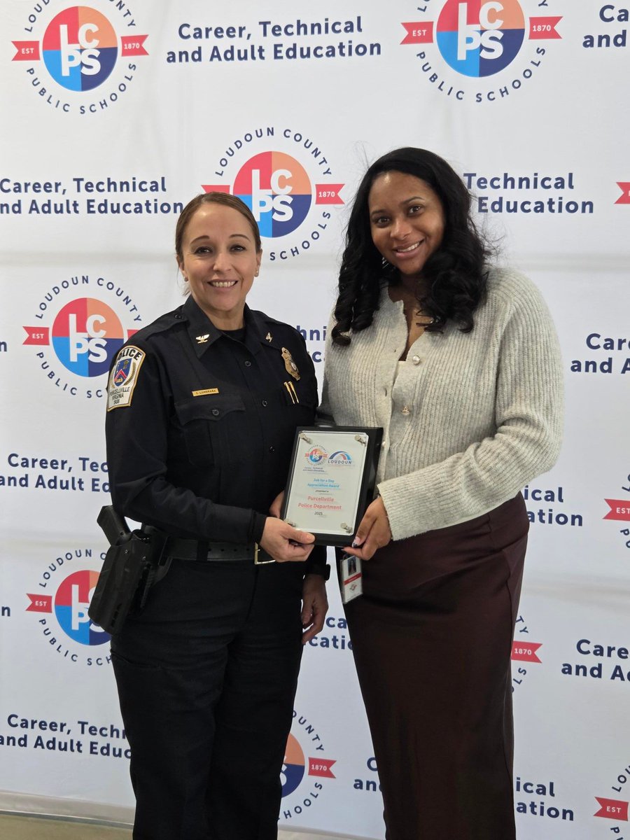 PurcellvillePD's tweet photo. This morning we had the pleasure of attending the @lcpsofficial #JobforaDay appreciation breakfast, where the Purcellville PD was recognized for our participation in this outstanding program. This job shadowing program provides students a glimpse into a career in law enforcement. https://t.co/md7jbG103w