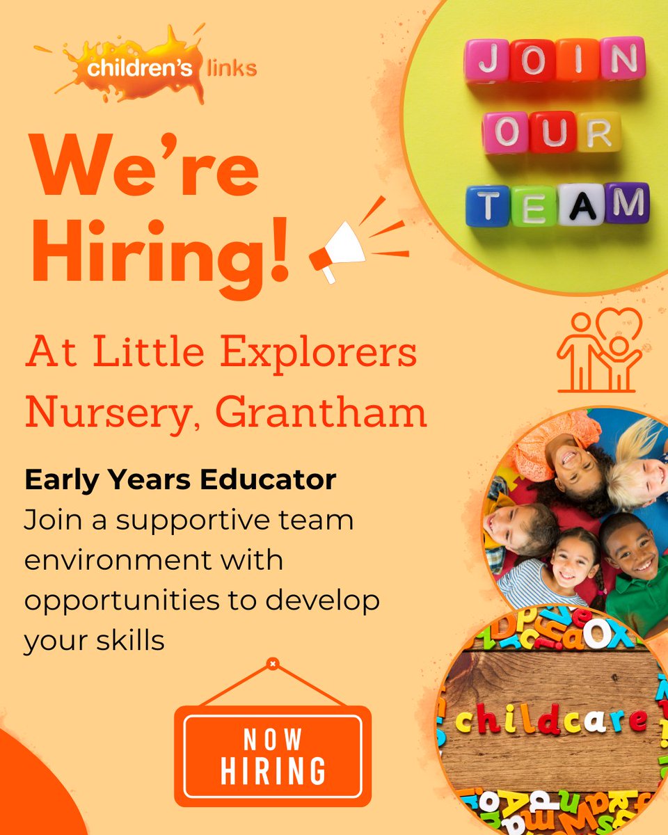childrenslinks's tweet photo. 🌟 We’re hiring! Early Years Educator 🌟 

📍 Based at Little Explorers Nursery in Grantham 
💼 Level 3 qualification essential 
🤝 Supportive team environment with opportunities to develop your skills 

👉 Find out more and apply here: https://t.co/DjzFgOiem5 https://t.co/TaT6qg0NO3
