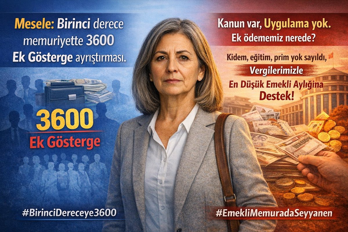 <a href="/SedatOnalsedat/">🇹🇷Sedat ÖNAL🇹🇷</a> <a href="/RTErdogan/">Recep Tayyip Erdoğan</a> <a href="/dbdevletbahceli/">Devlet Bahçeli</a> <a href="/avabdullahguler/">Abdullah Güler</a> <a href="/PrfDrFilizKilic/">Prof. Dr. Filiz KILIÇ</a> <a href="/MKalayci42/">Mustafa Kalaycı</a> <a href="/memetsimsek/">Mehmet Simsek</a> <a href="/_aliyalcin_/">Ali YALÇIN</a> <a href="/_cevdetyilmaz/">Cevdet Yılmaz</a> <a href="/isikhanvedat/">Prof. Dr. Vedat Işıkhan</a> <a href="/Akparti/">AK Parti</a> <a href="/MHP_Bilgi/">MHP</a> <a href="/iletisim/">T.C. İletişim Başkanlığı</a> NERDENEZAMAN #BirinciDereceye3600 Ek Gösterge sözü verildi, yaklaşık üç yıl geçti!
Artık söz değil, icraat istiyoruz!#EmekliMemuradaSeyyanen
<a href="/RTErdogan/">Recep Tayyip Erdoğan</a> <a href="/dbdevletbahceli/">Devlet Bahçeli</a> <a href="/eczozgurozel/">Özgür Özel</a> <a href="/MDervisogluTR/">Müsavat Dervişoğlu</a> <a href="/isikhanvedat/">Prof. Dr. Vedat Işıkhan</a> <a href="/55erhanusta/">Dr. Erhan Usta</a> <a href="/cenginyurt52/">Cemal Enginyurt</a> <a href="/_aliyalcin_/">Ali YALÇIN</a> <a href="/OnderKahveci/">Önder Kahveci</a> <a href="/Akparti/">AK Parti</a>  @MHP