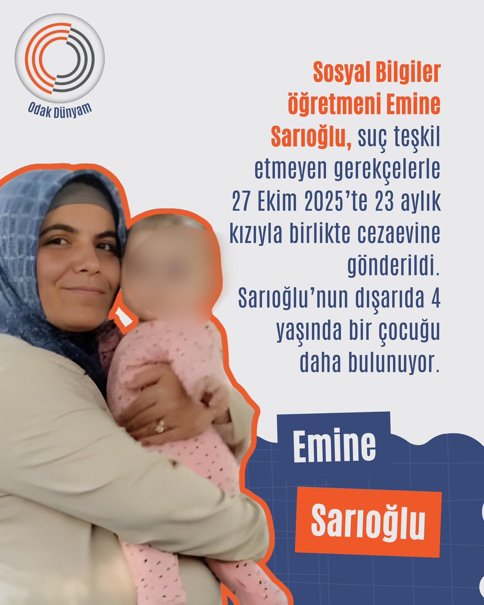 2 çocuk annesi sosyal bilgiler öğretmeni Emine Sarıoğlu, 23 aylık kızıyla birlikte cezaevinde tutuluyor. 

<a href="/gamzepamuk/">Gamze Pamuk</a>

#KHKlarİptalEdilsin