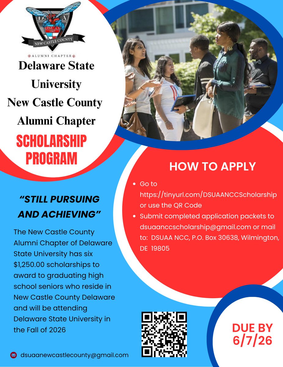 PWMNewCastle's tweet photo. The 2026 DSUAA NCC Scholarship Program flyer attached. Go the the website listed in the Red Area: HOW TO APPLY.
Please continue to help us spread the word and share with eligible students and families in your networks. The application deadline is June 7, 2026. https://t.co/5rLxXC1XQi