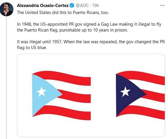 All_Things_HND's tweet image. The original flag of Puerto Rico is turquoise blue. The darker blue was forced upon Boricuas. Bad Bunny chose to represent PR with the original color because he knows his country’s history. 

Meanwhile el Partido Nacional of Honduras wants the same “gringo blue” with our flag.