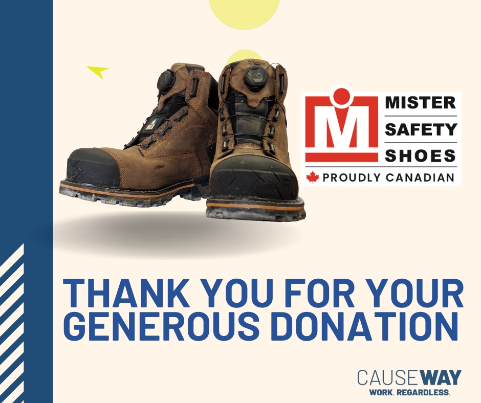 Causeway thanks Mister Safety Shoes for donating 38 steel-toed shoes, keeping participants safe and confident at work. 🙏 #SafetyFirst