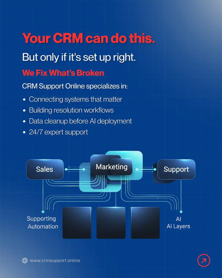 CRMSupportonlin's tweet photo. Stop collecting. Start connecting. 
Your CRM has the power—but only if it's set up right. We help you connect what matters, build workflows that work, and clean your data before adding AI.
DM "FIX MY CRM" for your free health check 
or visit  https://t.co/3PSmwnTm32 https://t.co/RqdBFW1HOn
