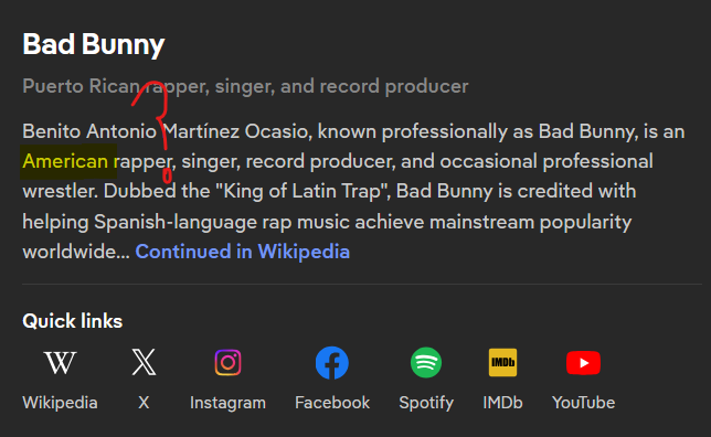 This snippet is word-for-word the same as the Wiki intro paragraph, with one word changed... instead of calling him Puerto Rican, DuckDuckGo decides to call him American.

Clown world. Puerto Rico is not America. Puerto Ricans are not Americans. They are US Citizens.