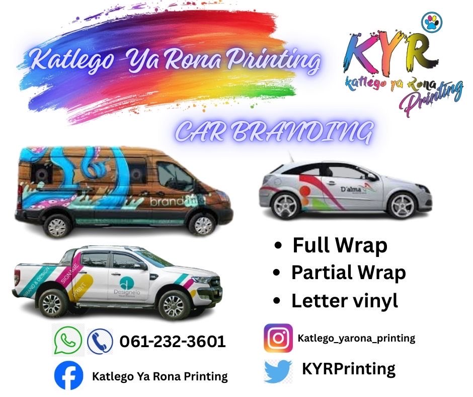 KYRPrinting's tweet photo. "🚘 Drive your brand forward with car branding and protection! 🌟

At Katlego Ya Rona Printing, we offer:

- Car wrapping: Turn your vehicle into a moving billboard
- Paint protection film: Protect your car's paint and resale value
- Custom designs: Make your ride uniquely yours. https://t.co/HGWAJ8IW2d