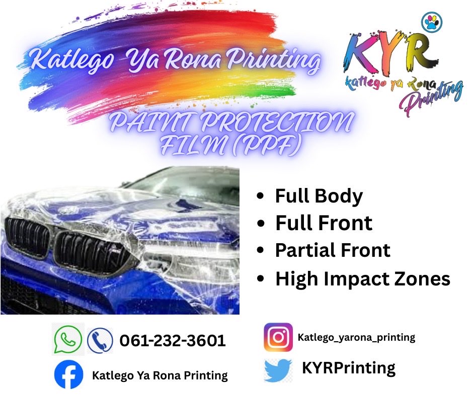 KYRPrinting's tweet photo. "🚘 Drive your brand forward with car branding and protection! 🌟

At Katlego Ya Rona Printing, we offer:

- Car wrapping: Turn your vehicle into a moving billboard
- Paint protection film: Protect your car's paint and resale value
- Custom designs: Make your ride uniquely yours. https://t.co/HGWAJ8IW2d