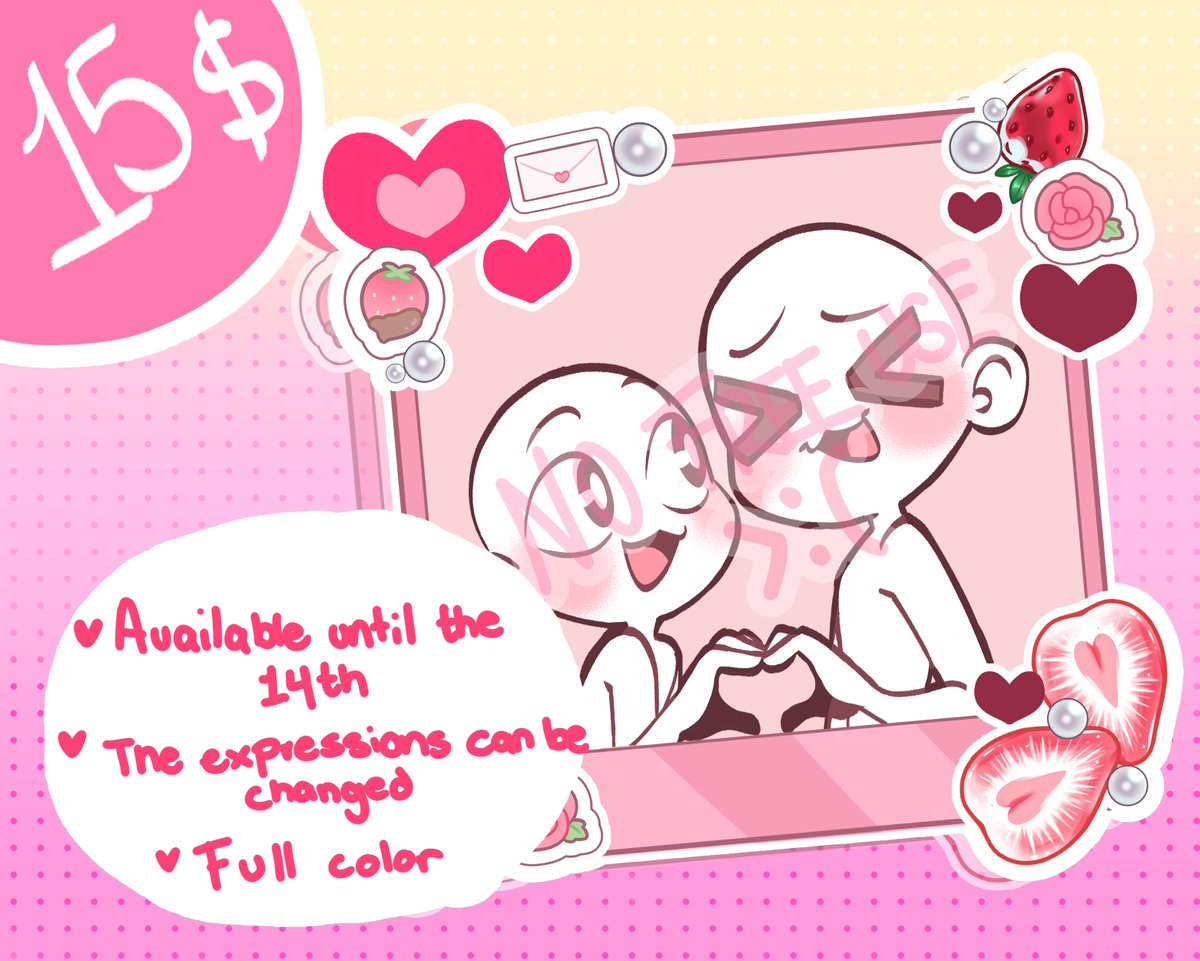 Abri un YCH por San valentine!༘⋆♡⸝⸝💌⊹。°˖➴

❤︎Costo de ⤷ ゛$15 ˎˊ˗
❤︎Full color
❤︎Disponible hasta el 14
❤︎Las expresiones se pueden cambiar
❤︎Las decoraciones son personalizables

A quien este interesado, puede mandarme ⤷ ゛DM ˎˊ˗ nn༘⋆♡⸝⸝💌⊹。°˖➴
#YCH