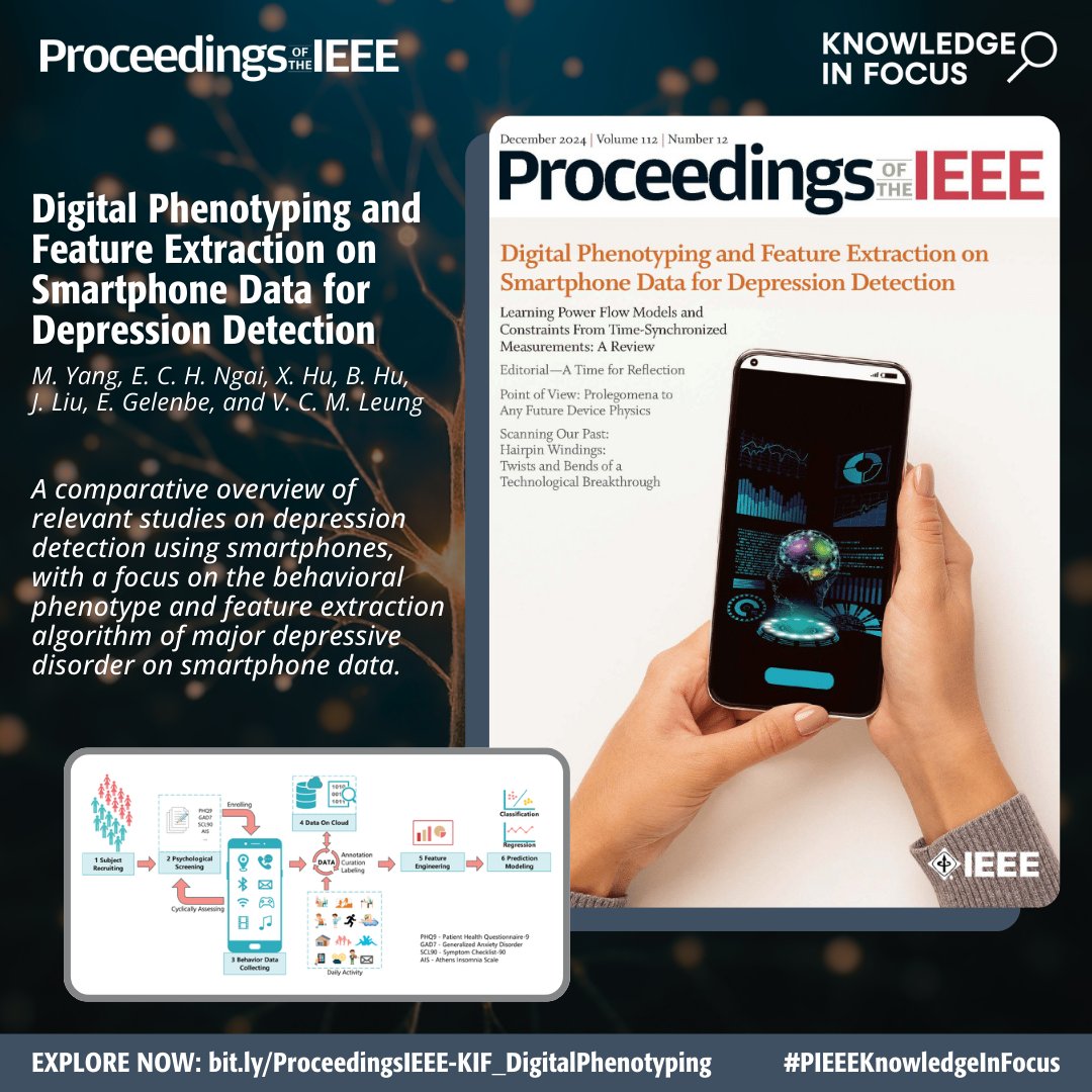ProceedingsIEEE's tweet photo. What can your #smartphone reveal about your #MentalHealth? This @ProceedingsIEEE #PIEEEKnowledgeInFocus article explores how #DigitalPhenotyping uses everyday phone data to support depression detection, while addressing technical and #privacy challenges: https://t.co/QRyHZElECk https://t.co/6BfzSXOxLz