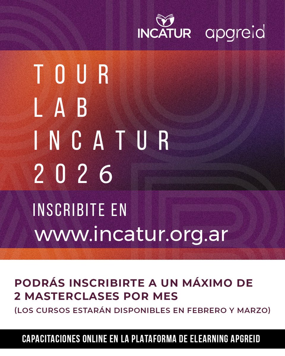 Durante febrero y marzo, te propone capacitaciones con especialistas como Augusto Salvatto, enfocadas en innovación, transformación digital e IA aplicada al turismo.

Tour Lab de INCATUR es un ciclo de capacitaciones online, disponible en la plataforma de e-learning APGREID.