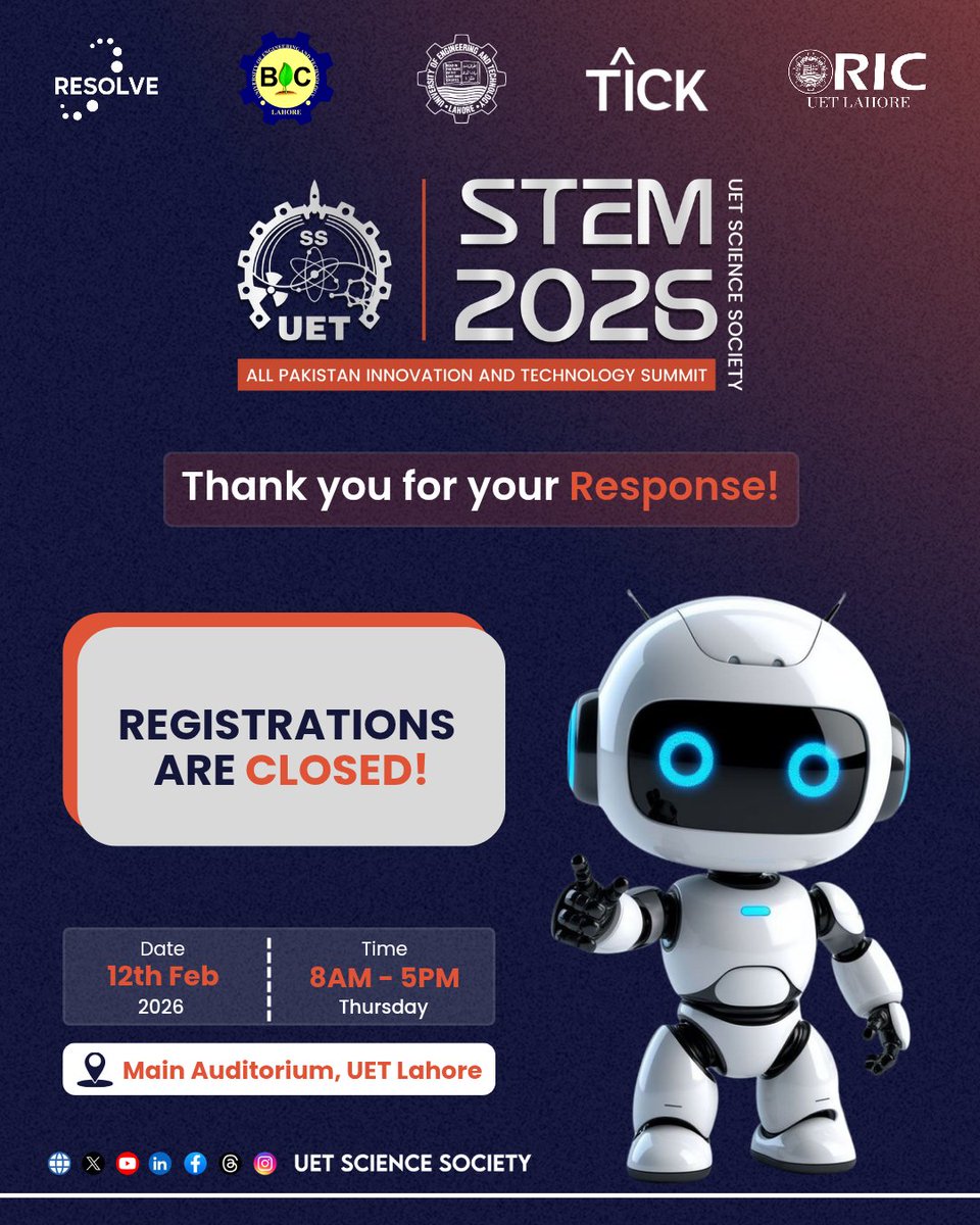 UET_SS's tweet photo. Registration For STEM - All Pakistan Innovation & Technology Summit 2026 has been closed.
#uss #uet #stemlife
#uetsciencesociety https://t.co/cobDMbdYpO