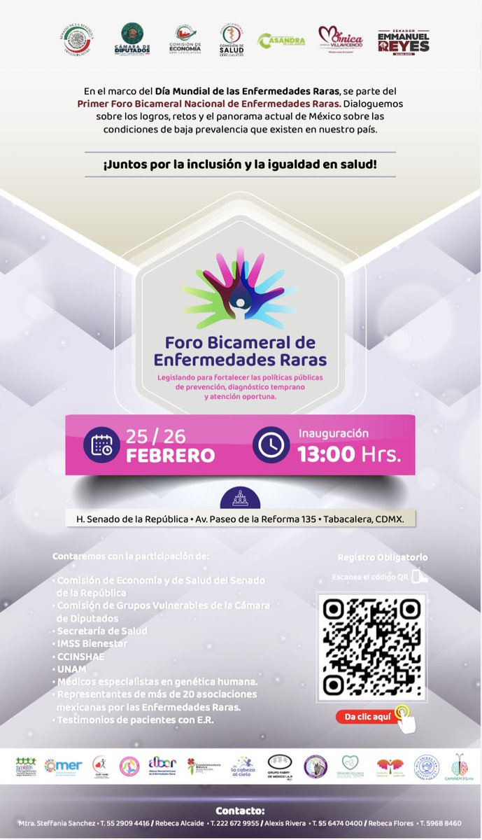 Foro Bicameral de Enfermedades Raras: legislando para fortalecer las políticas públicas de prevención, diagnóstico temprano y atención oportuna

25 y 26 de febrero | 13:00 h25 y 26 de febrero | 13:00 h
 Senado de la República, CDMX
forms.gle/CNYvXvSUiALLLV…