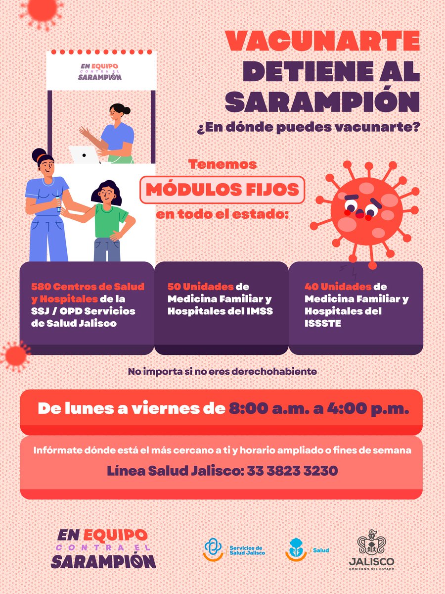 💉 La prevención empieza contigo
Ante brotes de sarampión, la Secretaría de Salud habilitó módulos de vacunación en Centros de Salud y unidades del IMSS e ISSSTE.
Vacunarte te protege y cuida a quienes más quieres.
📞 Infórmate y acude a vacunarte: 33 3823 3230
#Prevención