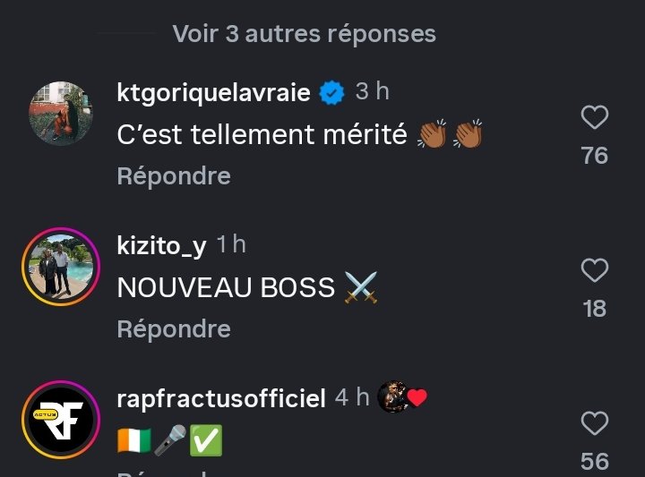 🚨Les Réactions à la certification de Number One .
De La Fouine , Ivorian Doll, Minz , Defty , Jojo le Barbu , Osei Da Producer, Philipayne , KTGorique ,  Fanicko à Massa Chula ...