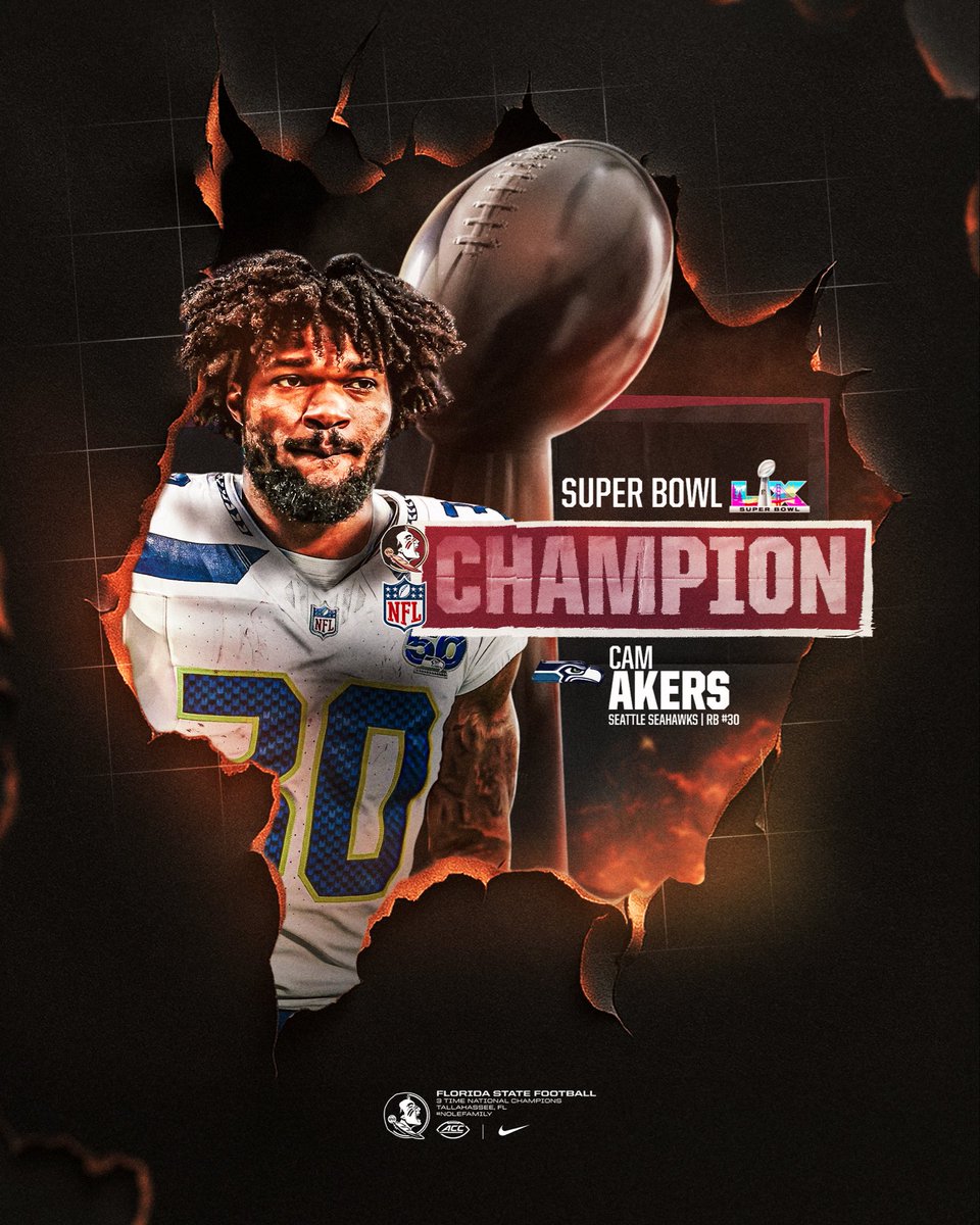 Congratulations to our #SuperBowlLX champion, <a href="/thereal_cam3/">Cam akers</a>!

Cam is the 6th FSU alumni with multiple Super Bowl rings after also winning Super Bowl LVI as a member of the LA Rams

#NoleFamily | #NFLNoles