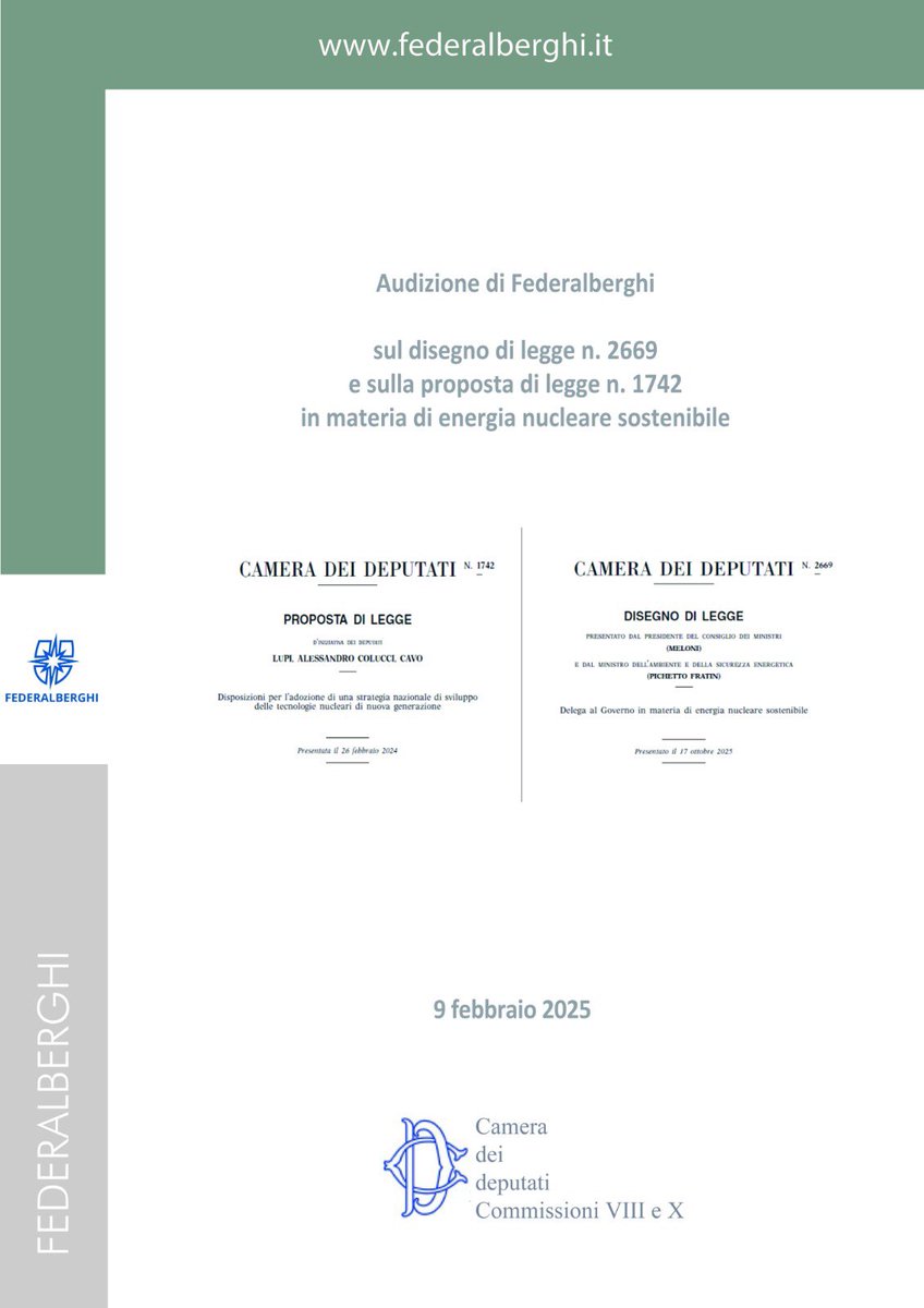 Le Commissioni riunite VIII (Ambiente, Territorio e Lavori Pubblici) e X (Attività Produttive, Commercio e Turismo) della Camera dei deputati, nella seduta del 9 febbraio 2026, hanno svolto l’audizione di Federalberghi in materia di energia nucleare sostenibile.