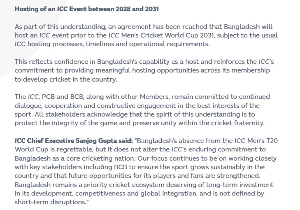 🚨Breaking: 

ICC clears Bangladesh Cricket Board of any financial, sporting, or administrative penalties. 

BCB can still approach the Dispute Resolution Committee. Bangladesh to host an ICC event ahead of the 2031 Men’s World Cup, pending standard ICC approvals.

#T20WorldCup