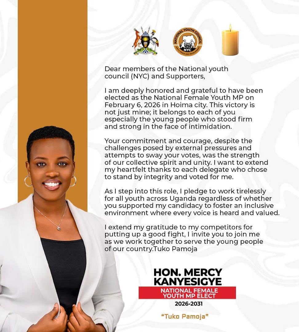 The National Youth Council congratulates the National Female Youth Mp elect Hon. <a href="/KanyesigyeMerc1/">Mercy Kanyesigye (MK)</a> 

We are confident that your strong background of experience will lead to an outstanding term of service.