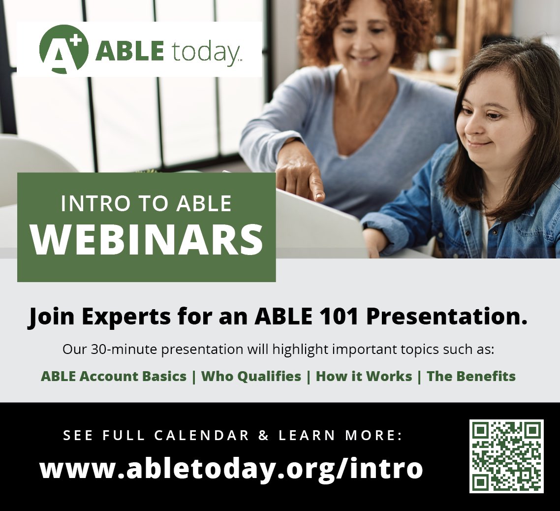 ABLE Today is offering a series of ABLE 101 webinars to provide information on ABLE accounts, including eligibility, account basics, and benefits.

It includes information relevant to Kentuckians interested in STABLE Kentucky accounts. 🏦

Learn more at abletoday.org/intro